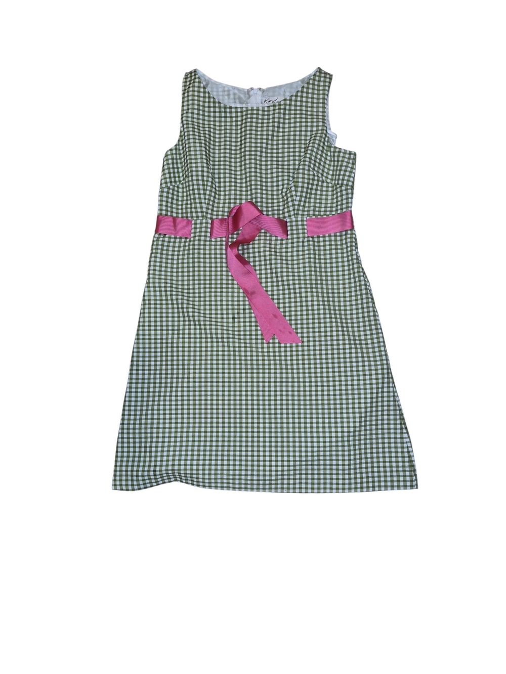 Kim Rogers Green Gingham Sleeveless Dress with Pink Ribbon Belt Nwt